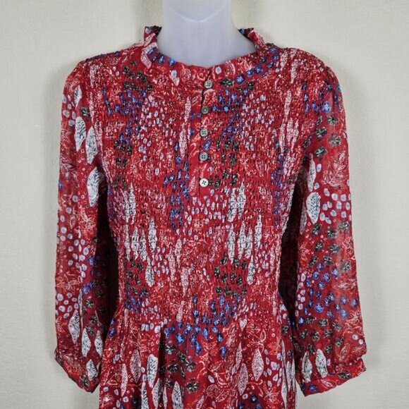 Loft Garden Smocked Bodice Tiered Maxi Dress Floral Long Sleeve Red 12 Large NWT - Picture 7 of 16